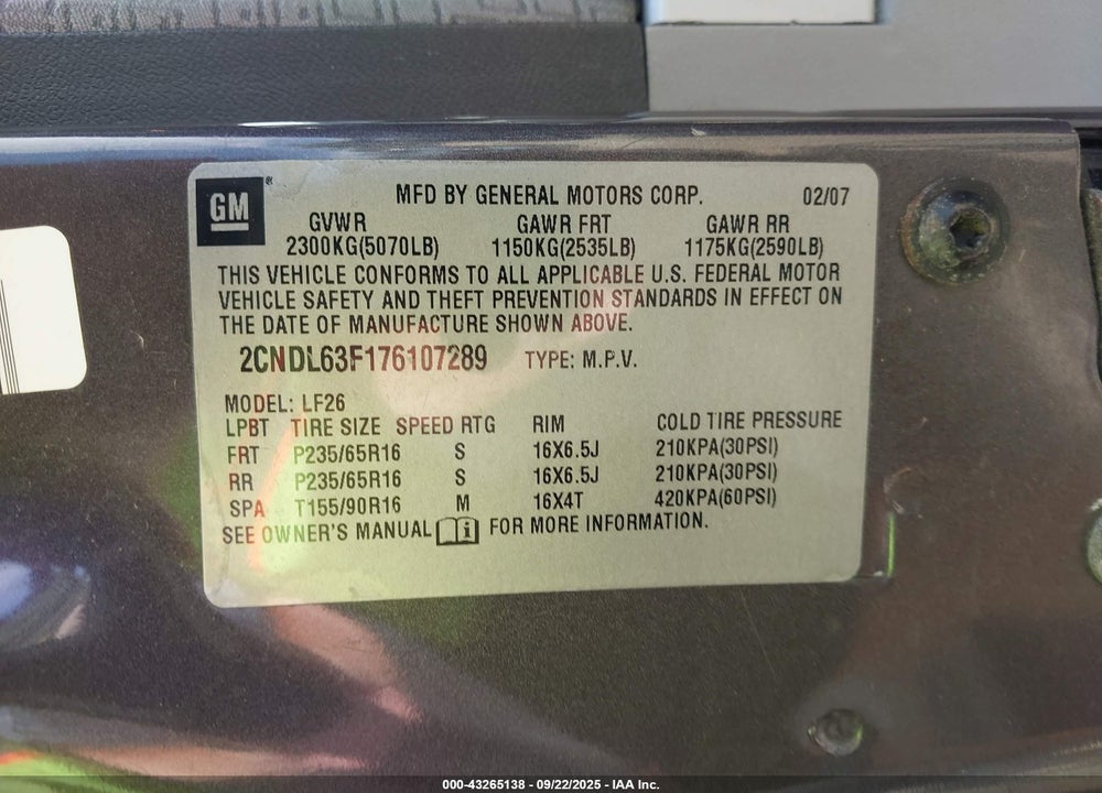 2007 CHEVROLET EQUINOX VIN: 2CNDL63F176107289