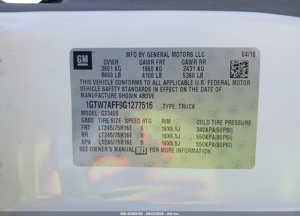 2016 GMC SAVANA 2500 WORK VAN VIN: 1GTW7AFF9G1277516