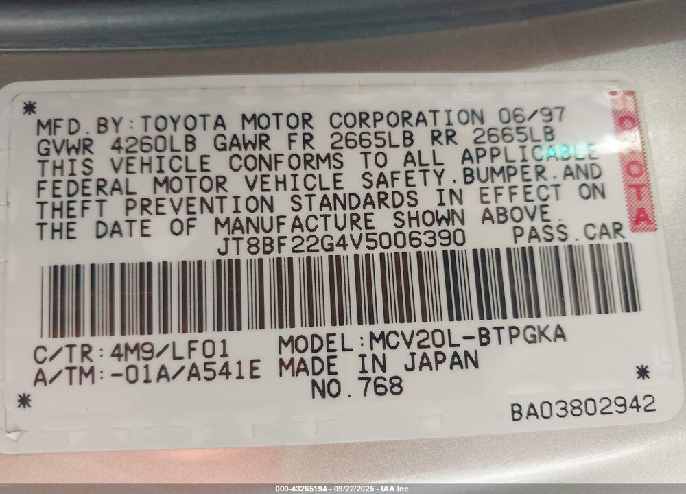 1997 LEXUS ES 300 VIN: JT8BF22G4V5006390
