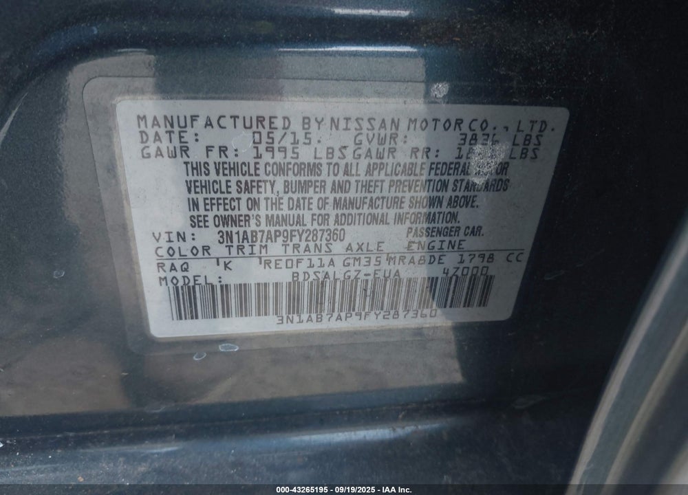 2015 NISSAN SENTRA SL VIN: 3N1AB7AP9FY287360