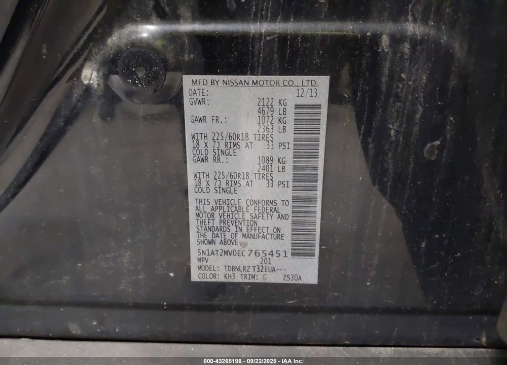 2014 NISSAN ROGUE VIN: 5N1AT2MV0EC765451