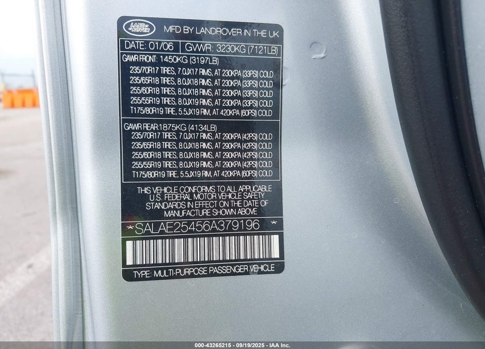 2006 LAND ROVER LR3 VIN: SALAE25456A379196