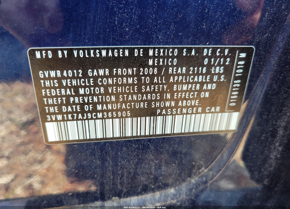 2012 VOLKSWAGEN JETTA VIN: 3VW1K7AJ9CM365905