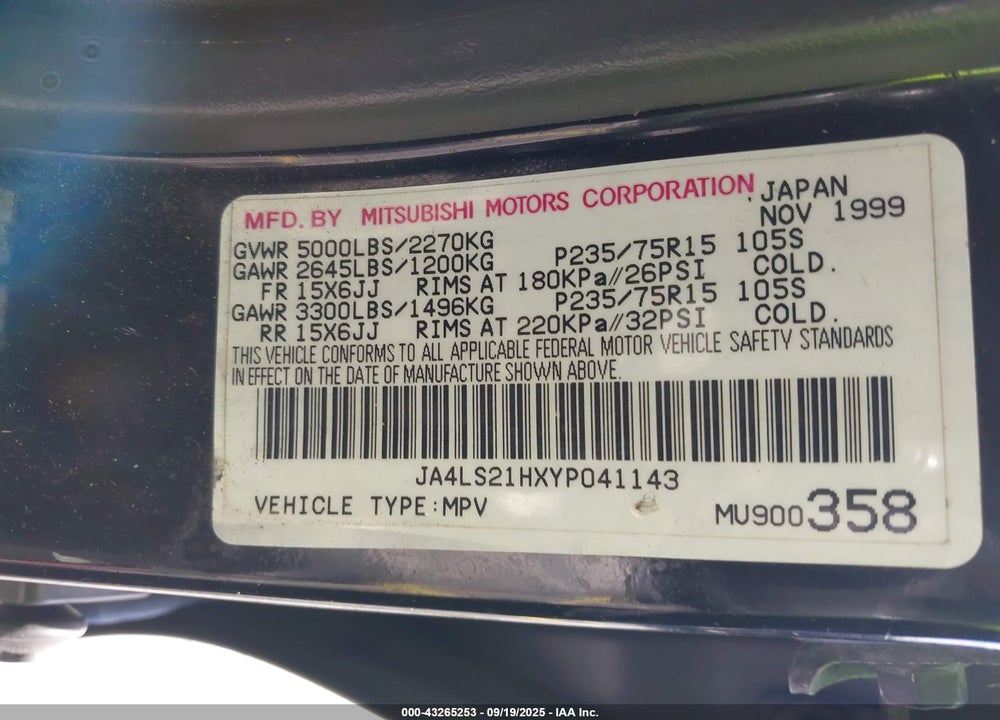 2000 MITSUBISHI MONTERO SPORT ES VIN: JA4LS21HXYP041143