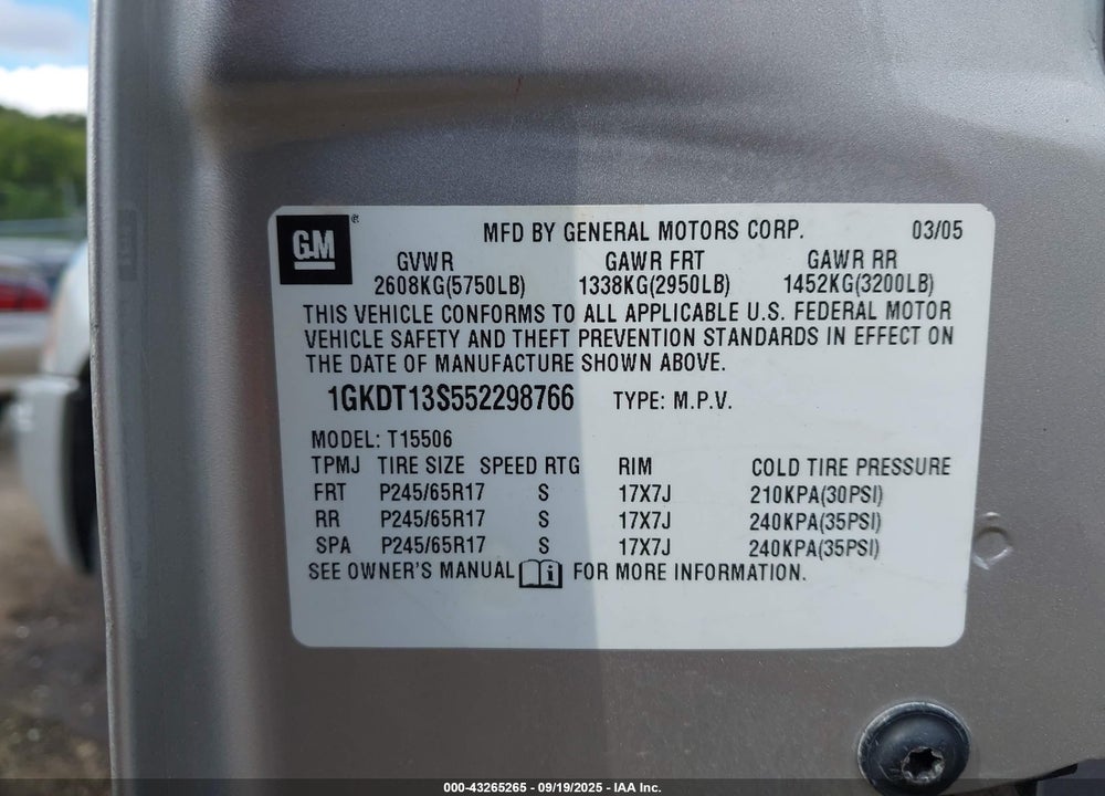2005 GMC ENVOY SLT VIN: 1GKDT13S552298766