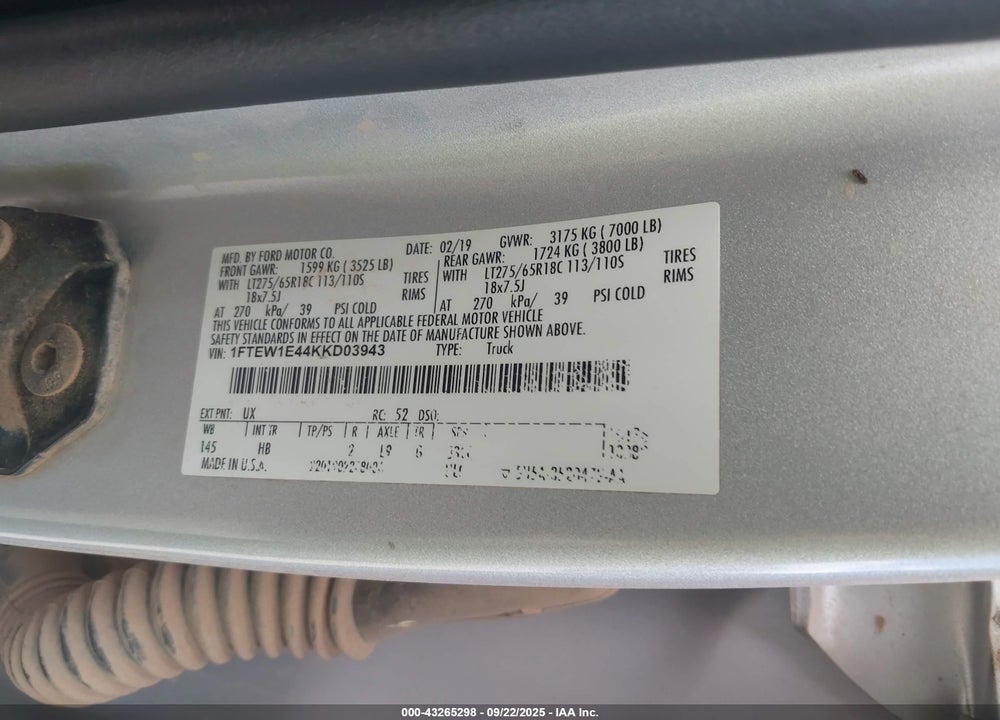 2019 FORD F-150 VIN: 1FTEW1E44KKD03943