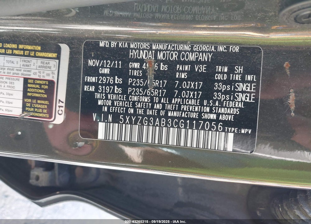 2012 HYUNDAI SANTA FE VIN: 5XYZG3AB3CG117056