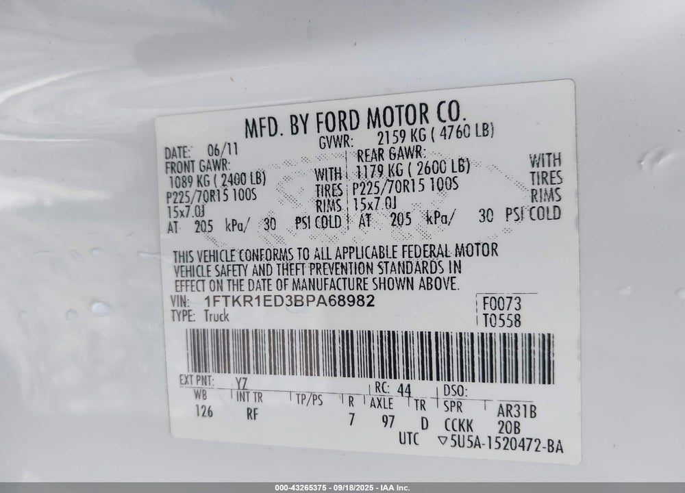 2011 FORD RANGER XL VIN: 1FTKR1ED3BPA68982
