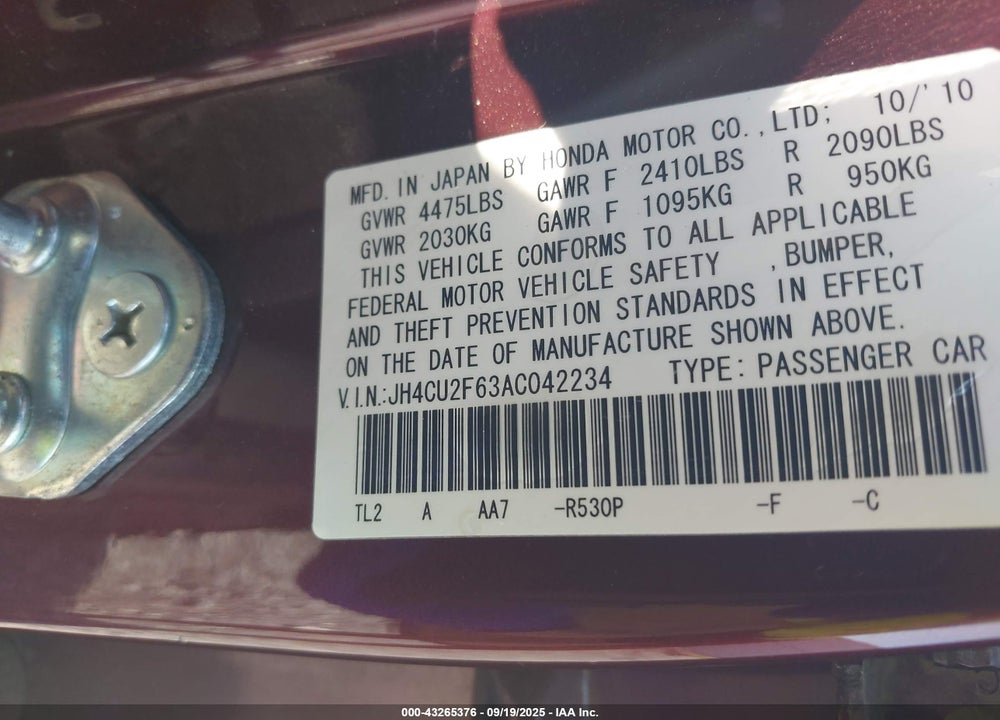 2010 ACURA TSX 2.4 VIN: JH4CU2F63AC042234