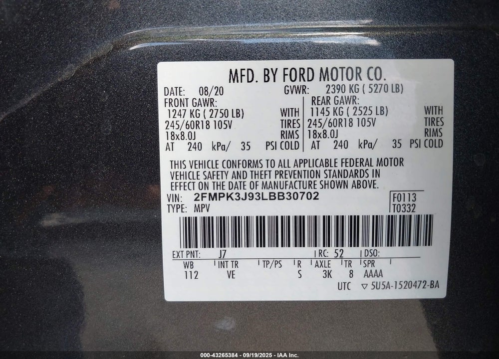 2020 FORD EDGE VIN: 2FMPK3J93LBB30702