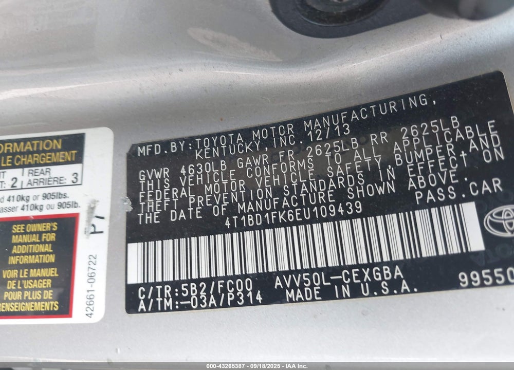 2014 TOYOTA CAMRY HYBRID VIN: 4T1BD1FK6EU109439
