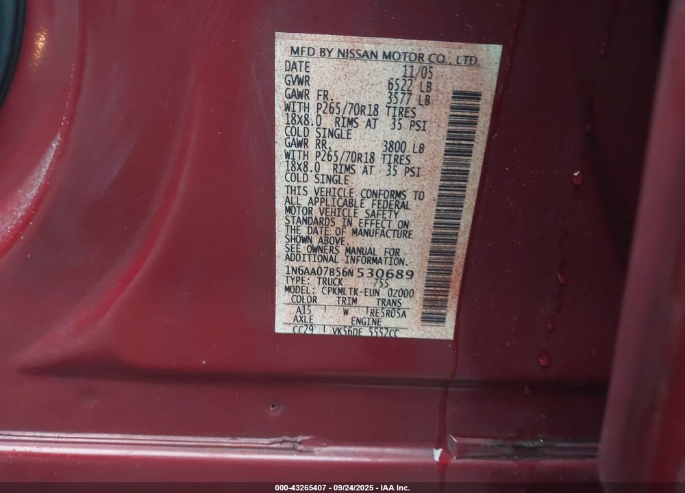 2006 NISSAN TITAN VIN: 1N6AA07B56N530689