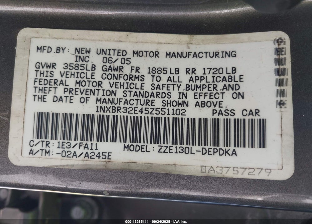 2005 TOYOTA COROLLA CE/LE/S VIN: 1NXBR32E45Z551102