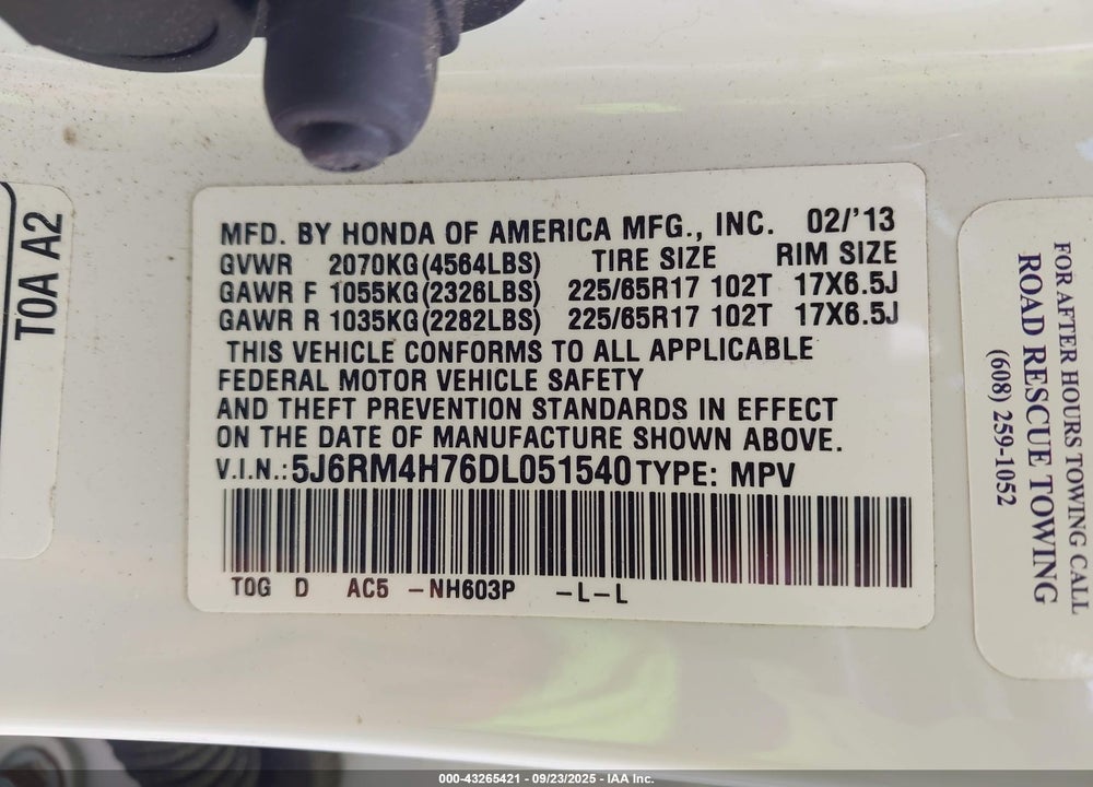 2013 HONDA CR-V VIN: 5J6RM4H76DL051540