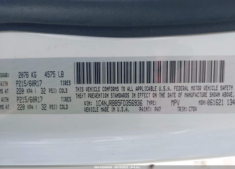 2015 JEEP PATRIOT VIN: 1C4NJRBB5FD356936