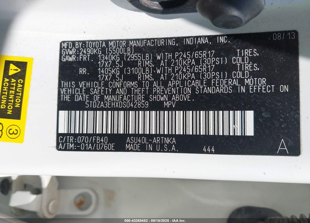 2013 TOYOTA HIGHLANDER VIN: 5TDZA3EHXDS042859