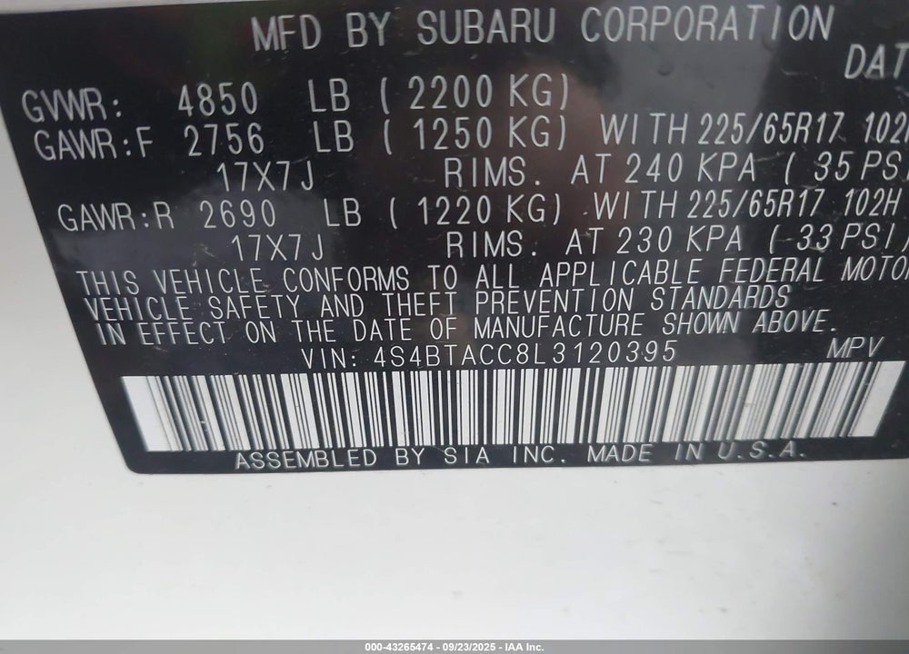2020 SUBARU OUTBACK PREMIUM VIN: 4S4BTACC8L3120395