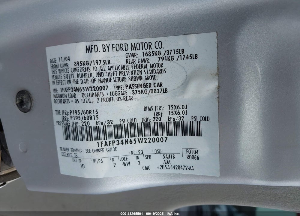 2005 FORD FOCUS ZX4 VIN: 1FAFP34N65W220007