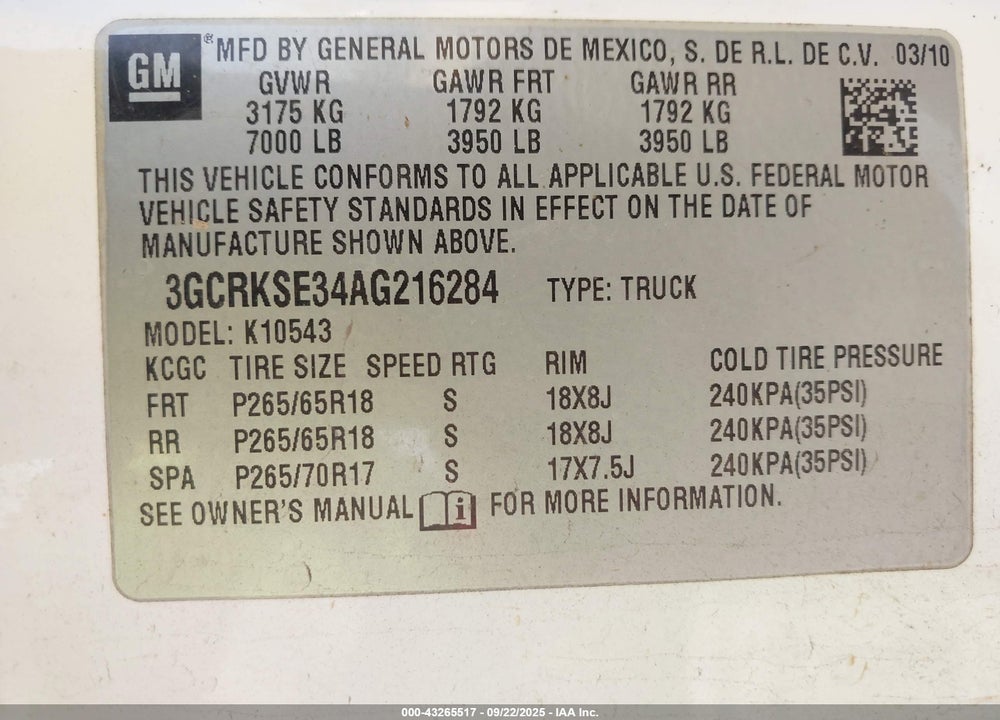 2010 CHEVROLET SILVERADO 1500 LT VIN: 3GCRKSE34AG216284