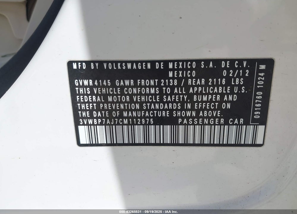 2012 VOLKSWAGEN JETTA 2.5L SE VIN: 3VWBP7AJ7CM112975