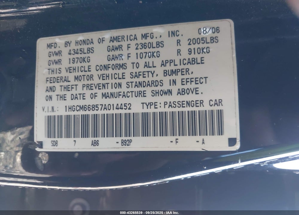 2007 HONDA ACCORD 3.0 EX VIN: 1HGCM66857A014452