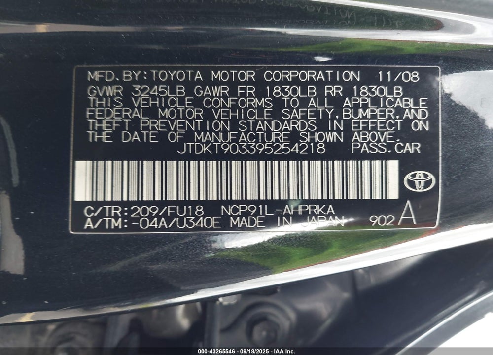 2009 TOYOTA YARIS VIN: JTDKT903395254218
