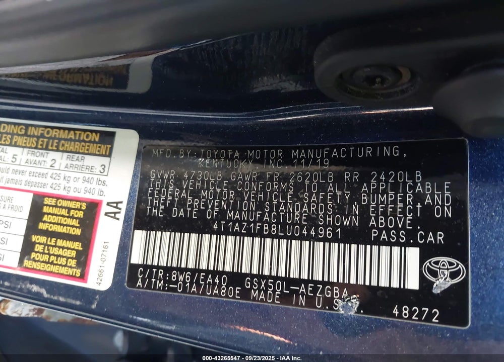 2020 TOYOTA AVALON VIN: 4T1AZ1FB8LU044961