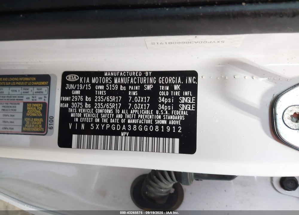 2016 KIA SORENTO 2.4L LX VIN: 5XYPGDA38GG081912