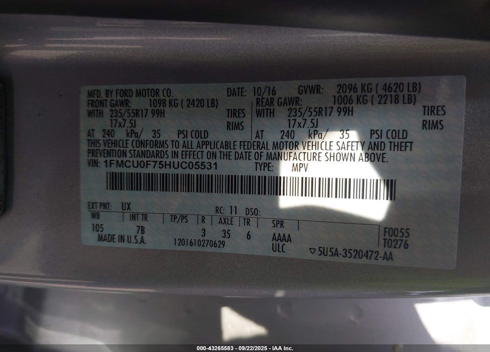 2017 FORD ESCAPE VIN: 1FMCU0F75HUC05531
