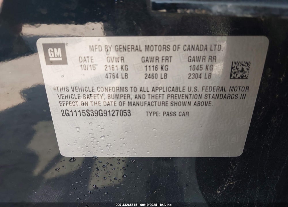 2016 CHEVROLET IMPALA 2LT VIN: 2G1115S39G9127053