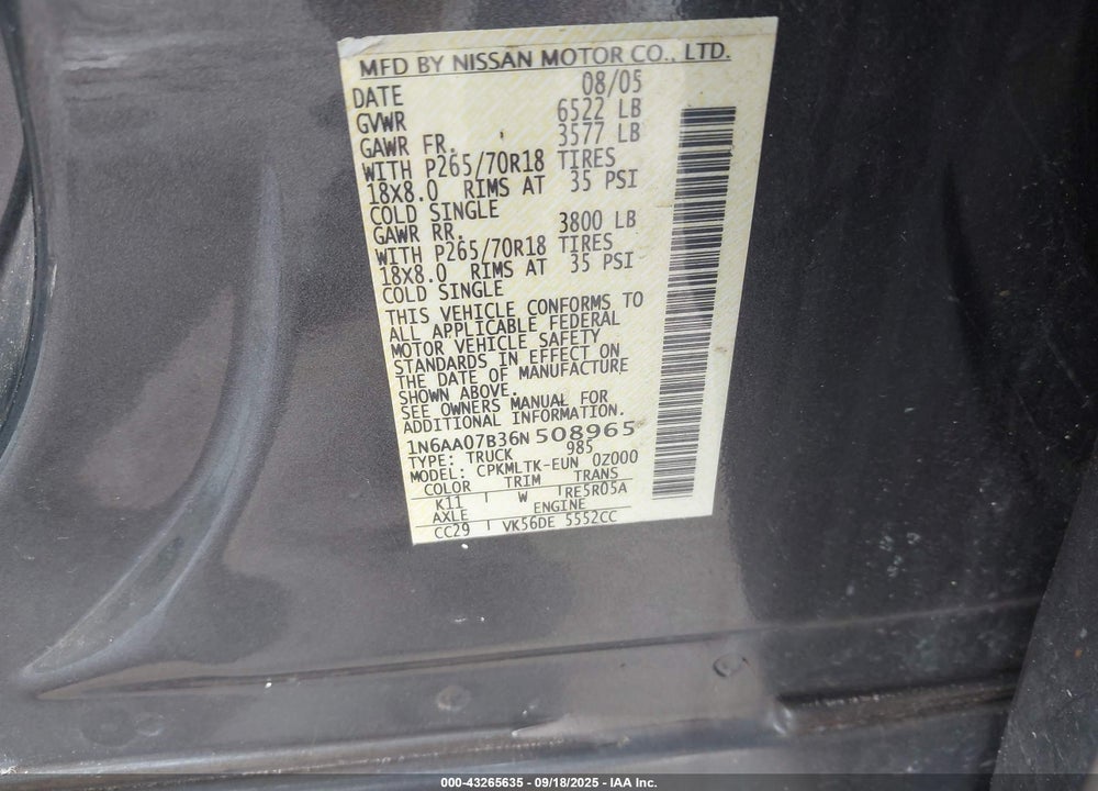 2006 NISSAN TITAN SE VIN: 1N6AA07B36N508965