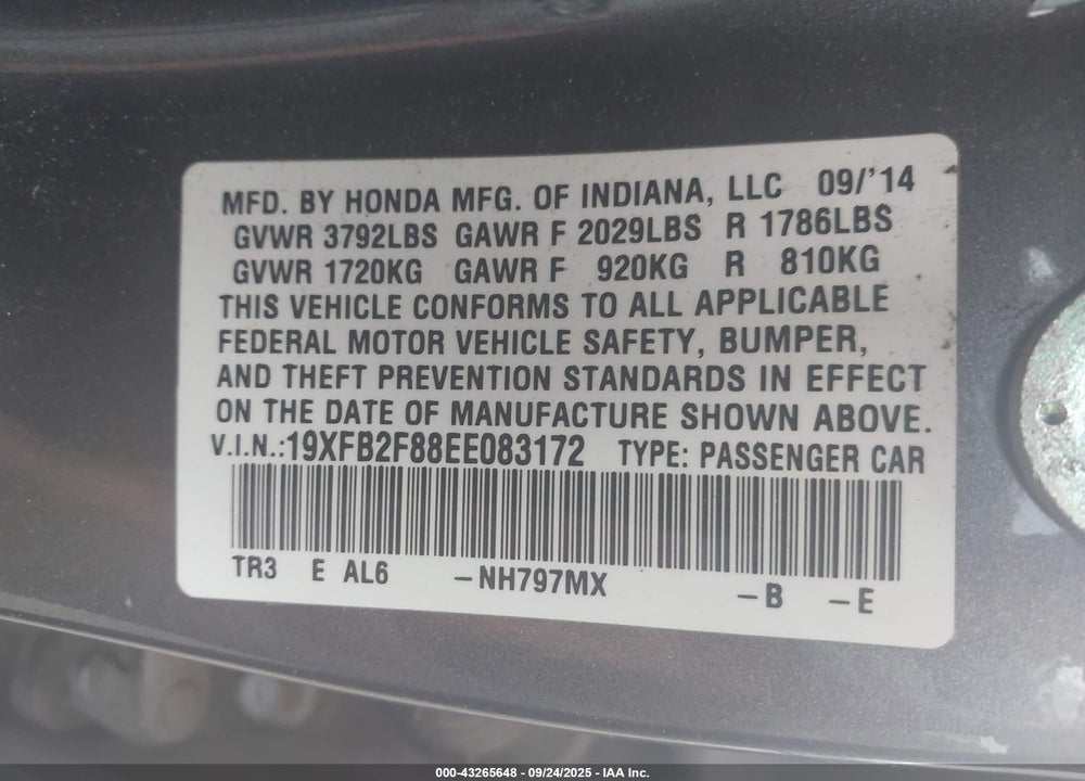 2014 HONDA CIVIC VIN: 19XFB2F88EE083172