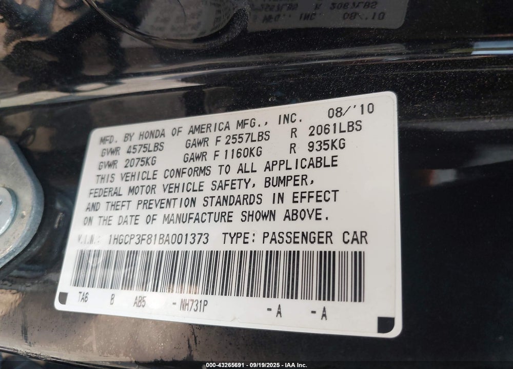 2011 HONDA ACCORD VIN: 1HGCP3F81BA001373