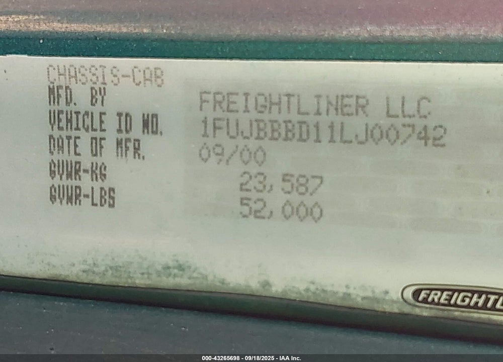 2001 FREIGHTLINER CONVENTIONAL ST120 VIN: 1FUJBBBD11LJ00742
