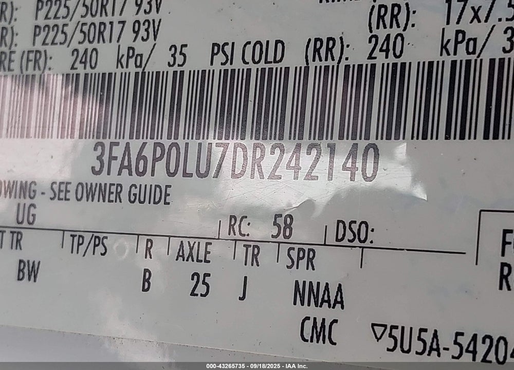 2013 FORD FUSION VIN: 3FA6P0LU7DR242140