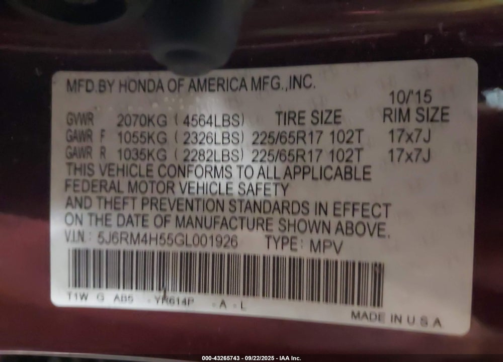 2016 HONDA CR-V VIN: 5J6RM4H55GL001926