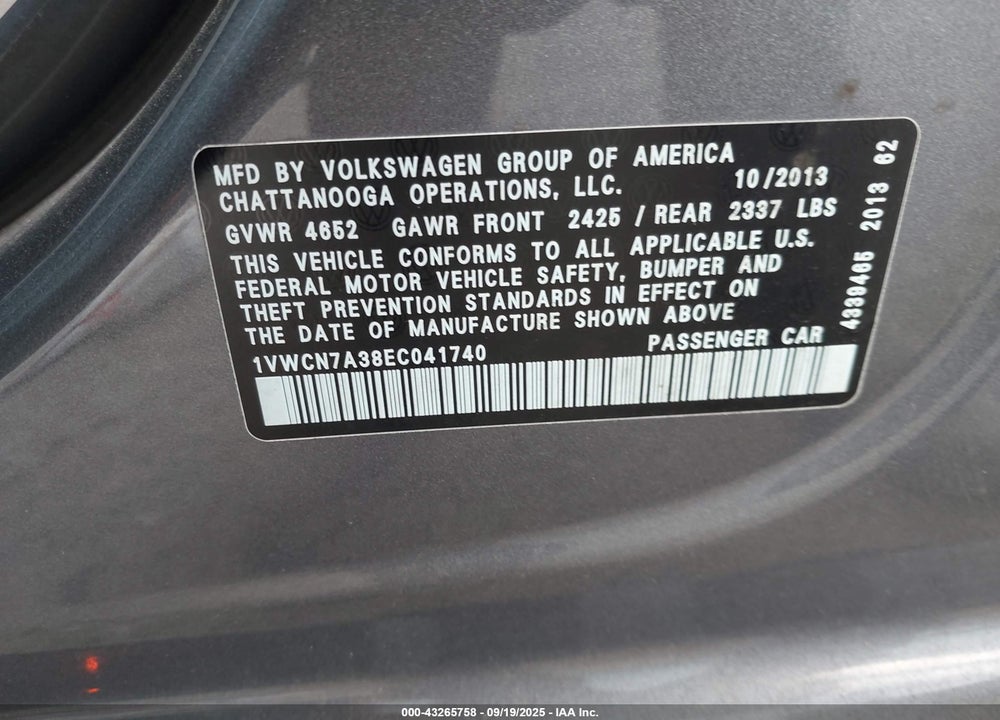 2014 VOLKSWAGEN PASSAT 2.0L TDI SEL PREMIUM VIN: 1VWCN7A38EC041740