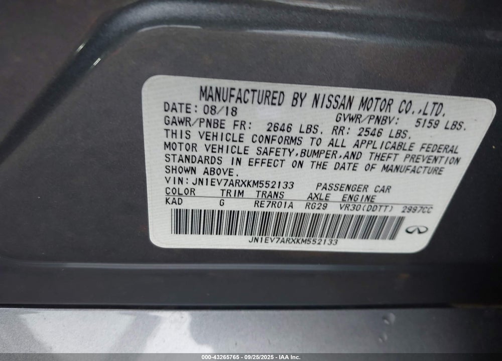 2019 INFINITI Q50 VIN: JN1EV7ARXKM552133