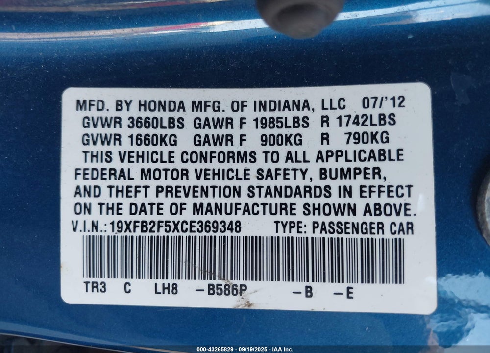 2012 HONDA CIVIC LX VIN: 19XFB2F5XCE369348