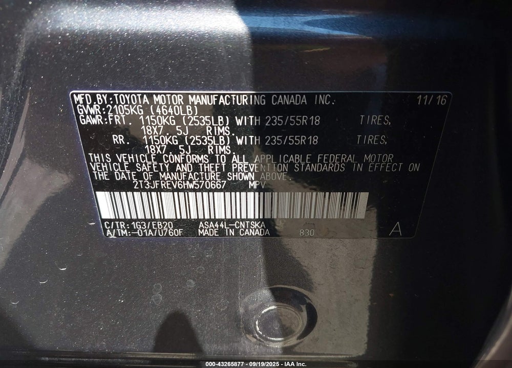 2017 TOYOTA RAV4 SE VIN: 2T3JFREV6HW570667