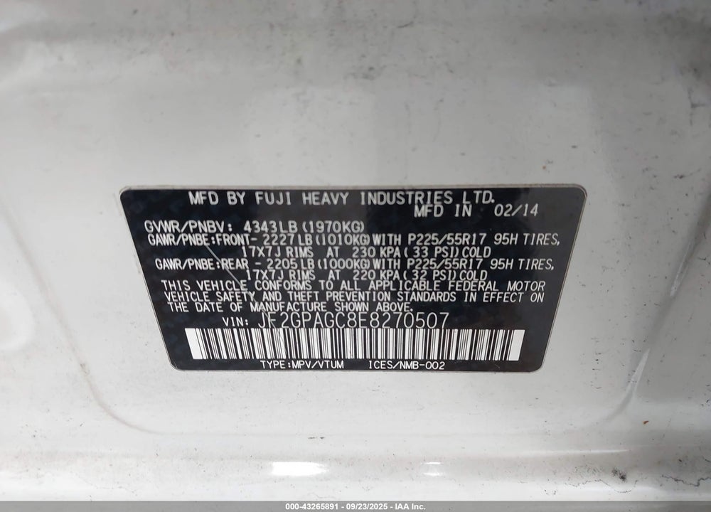 2014 SUBARU XV CROSSTREK VIN: JF2GPAGC8E8270507