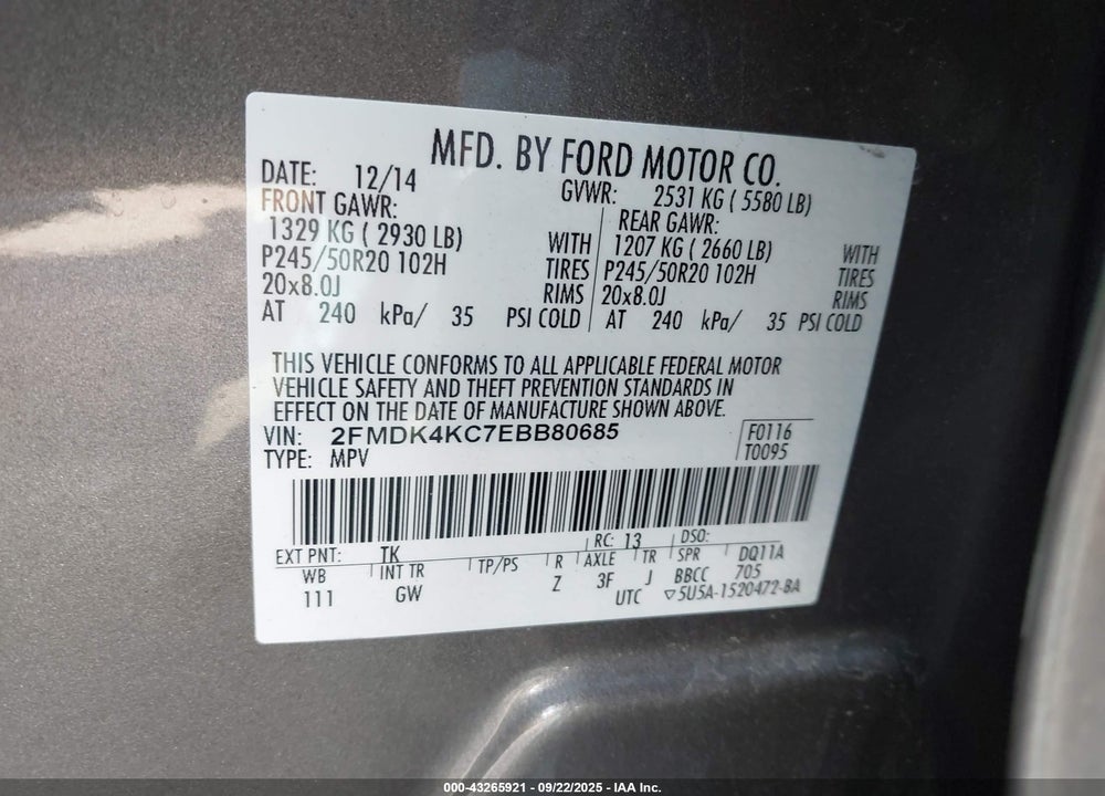 2014 FORD EDGE VIN: 2FMDK4KC7EBB80685