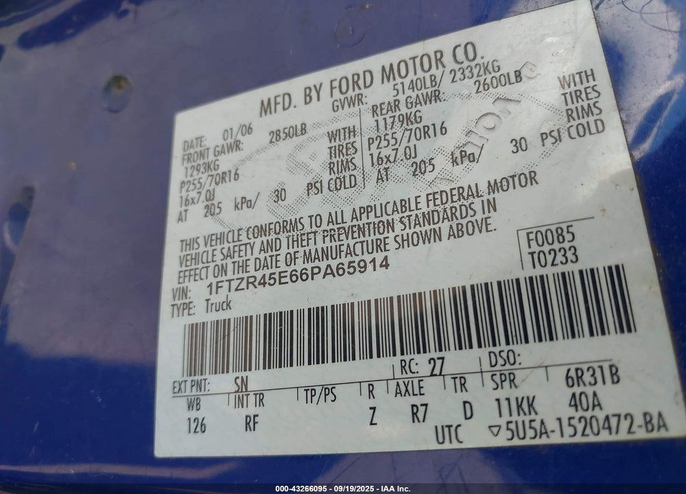 2006 FORD RANGER FX4 LEVEL II/FX4 OFF-ROAD/SPORT/XLT VIN: 1FTZR45E66PA65914
