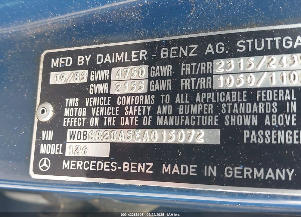 1984 MERCEDES-BENZ 300 SD VIN: WDBCB20A5EA015072