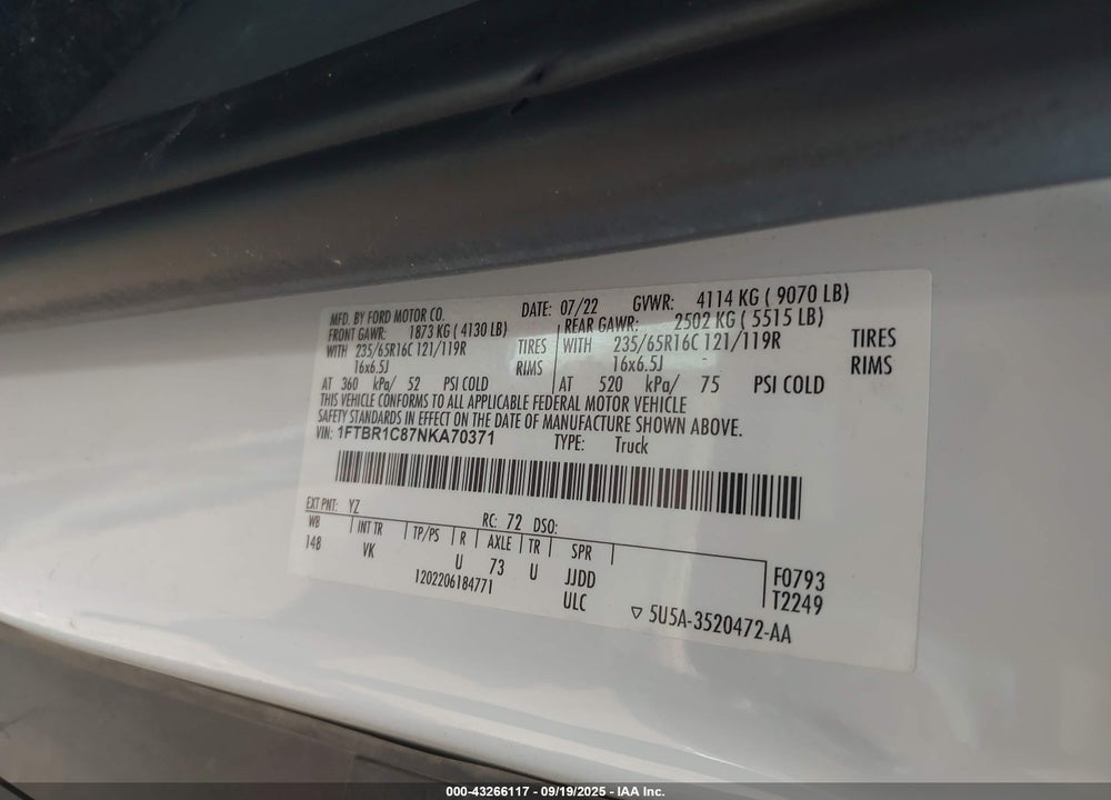 2022 FORD TRANSIT-250 VIN: 1FTBR1C87NKA70371
