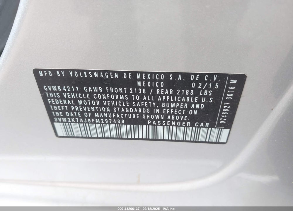 2015 VOLKSWAGEN JETTA VIN: 3VW2K7AJ9FM297436
