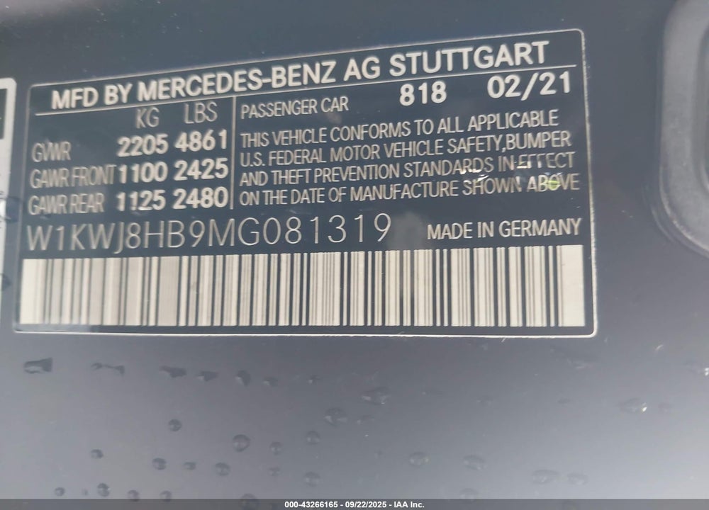 2021 MERCEDES-BENZ AMG C 63 S VIN: W1KWJ8HB9MG081319