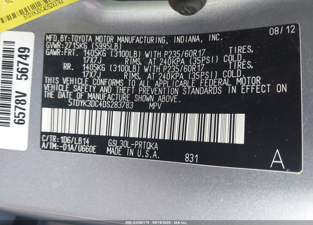 2013 TOYOTA SIENNA XLE V6 8 PASSENGER VIN: 5TDYK3DC4DS283783