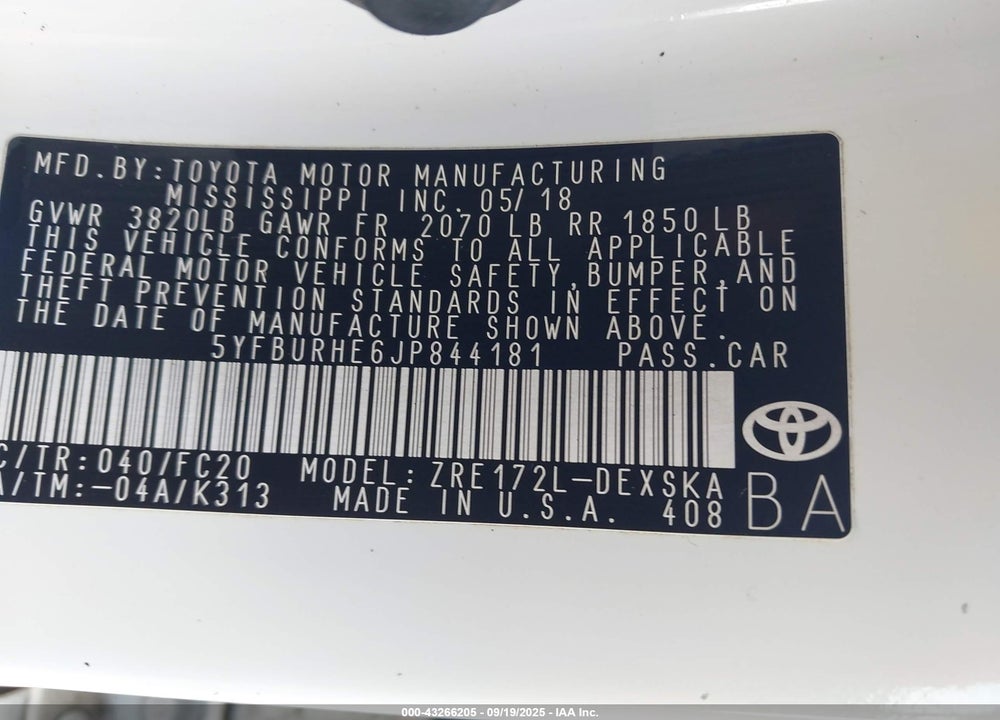 2018 TOYOTA COROLLA VIN: 5YFBURHE6JP844181