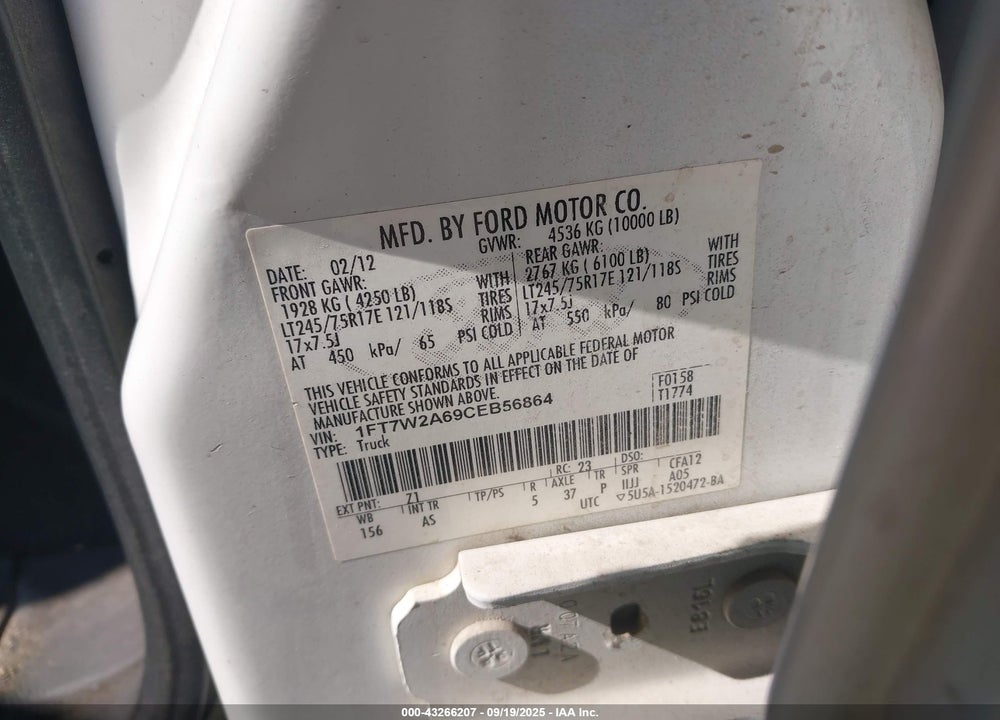 2012 FORD F-250 XL VIN: 1FT7W2A69CEB56864